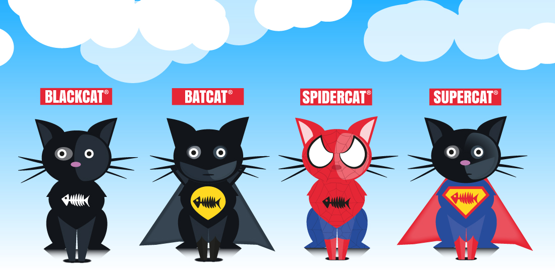 Création d'une illustration vectorielle. Conception d'un graphisme style "Flat Design", déclinaison du thème du chat façon "super héros".