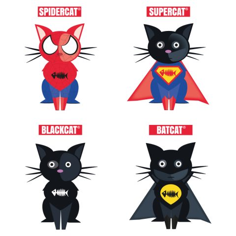 Visuel à télécharger - Spidercat, Supercat, Blackcat et Batcat pour customiser vos t-shirts, sweatshirts, sac en tissu, goodies…